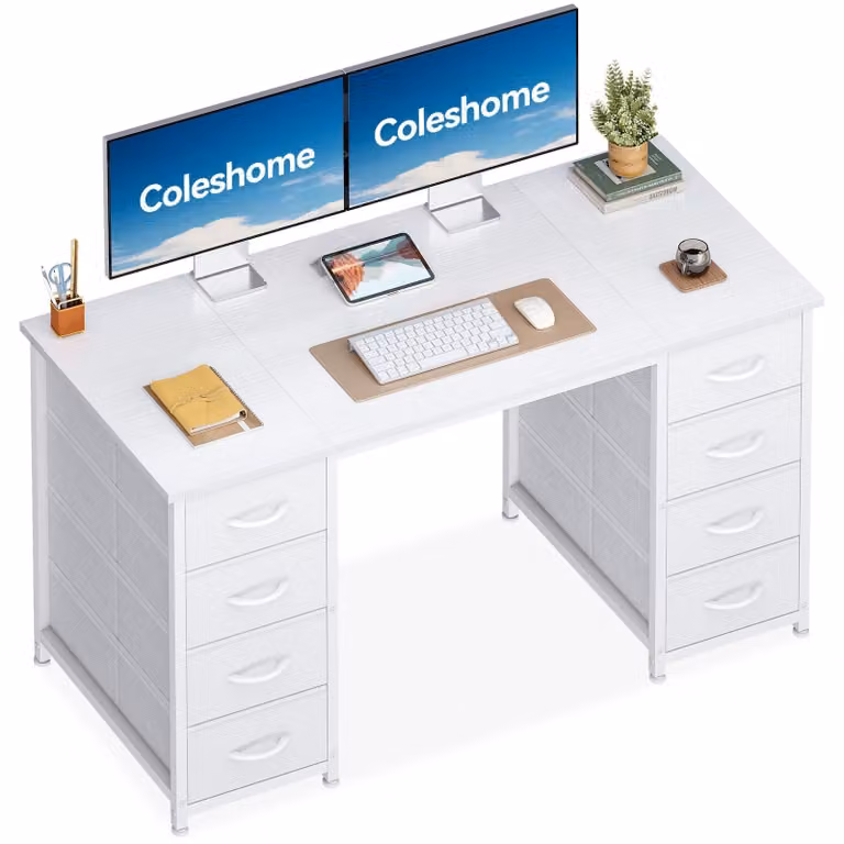 Scrivania con cassetti in tessuto - Scrivania con cassetti - Tessuto - 120 x 48 cm - Bianco - Otto cassetti