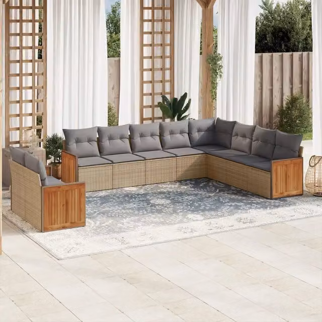 Set Divano da Giardino 10 pz con Cuscini Beige in Polyrattan 3227795
