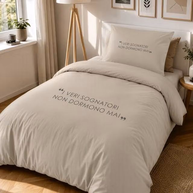 Parure copripiumino e federe Kasanova in cotone beige con stampa grafica Quotes, L/P: 155 x 220 cm e 140 x 200 cm
