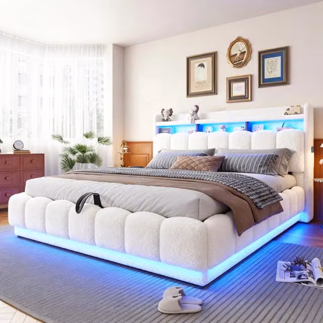 Letto imbottito WISHDOR in tessuto bouclé bianco con contenitore idraulico, illuminazione LED sottostante, porta USB e mensola integrata, L/P/H: 180 x 200 x 112 cm
