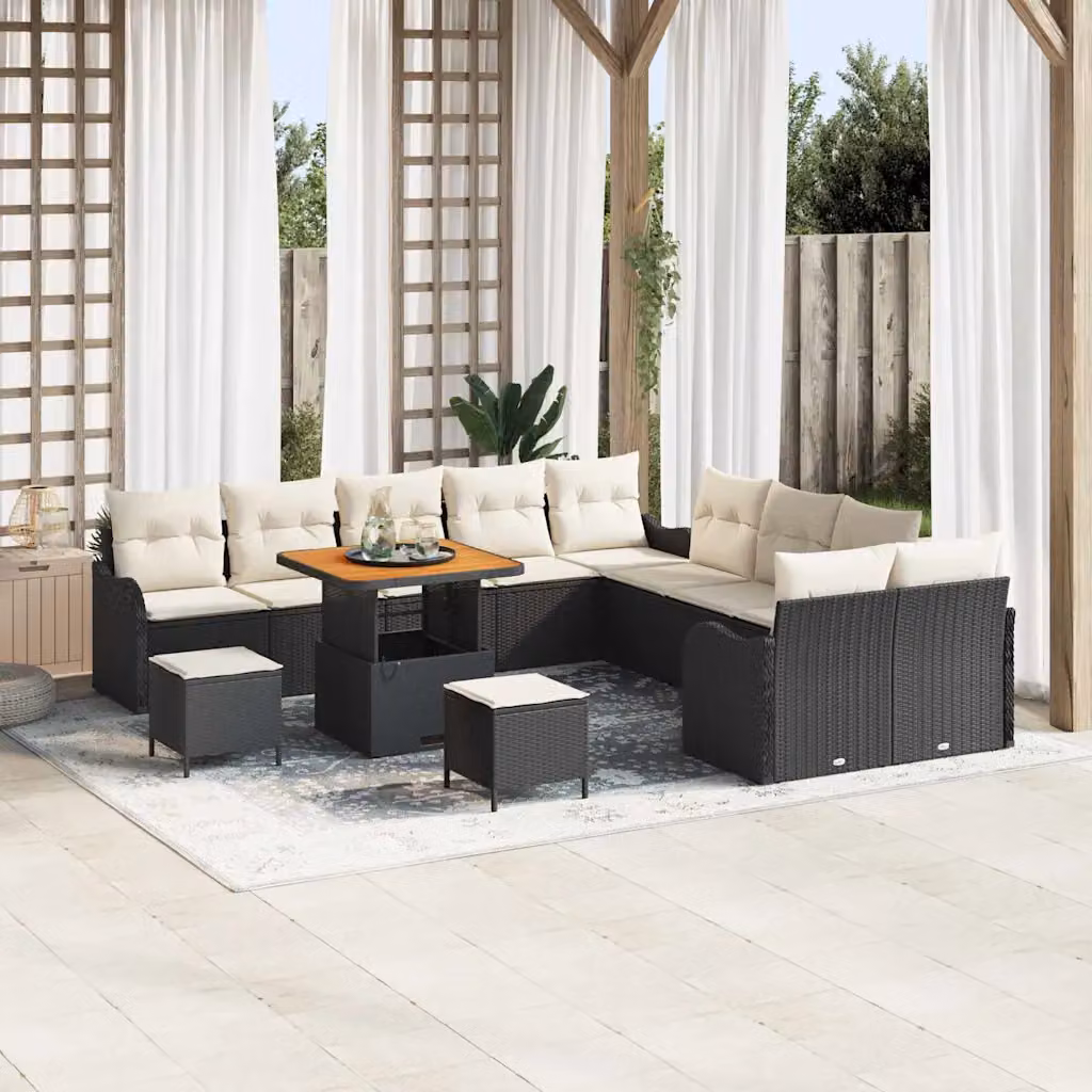 Set Divano da Giardino Moderno vidaXL in Polyrattan Nero con Cuscini e Tavolino da Esterno 13 Pezzi – 1