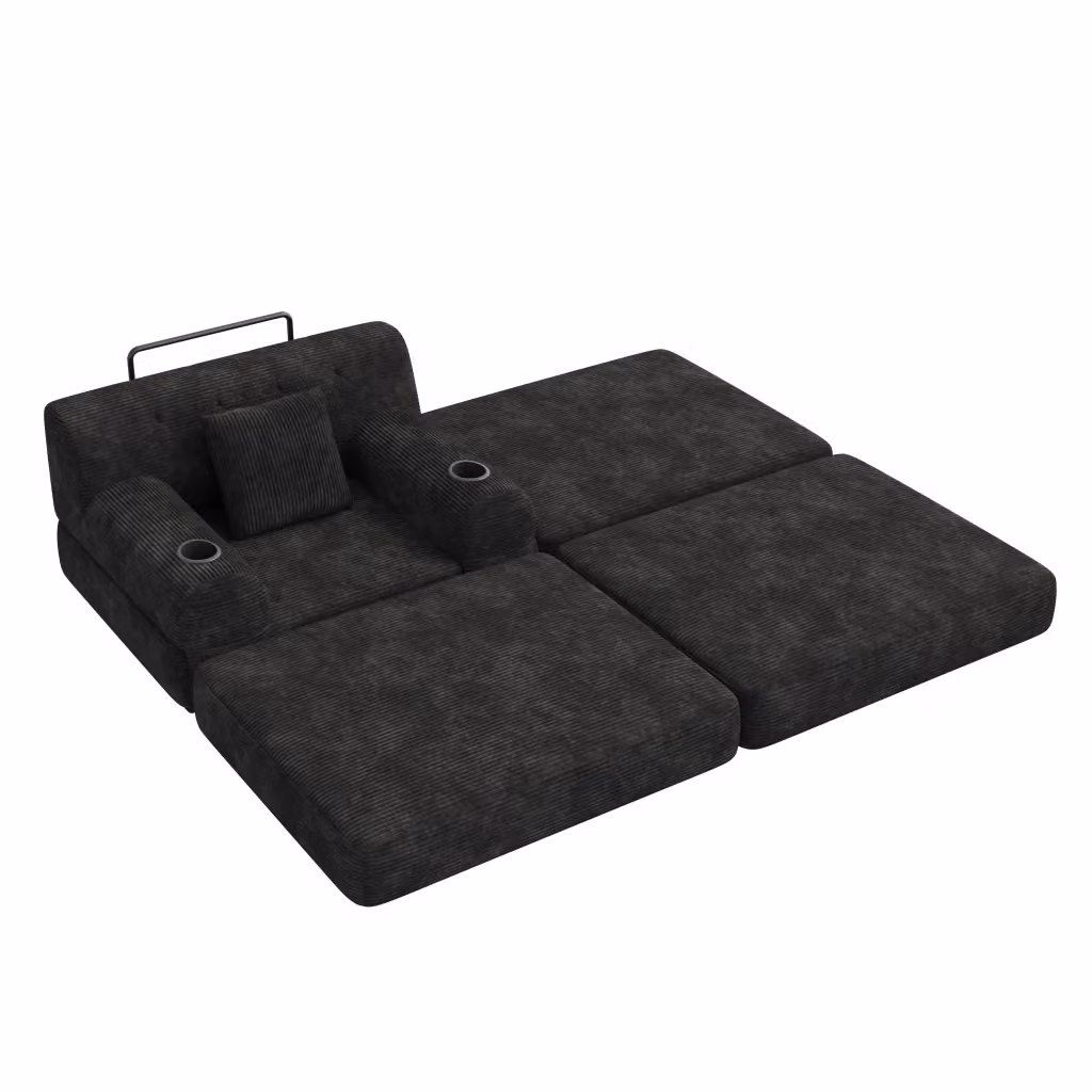Poltrona letto Chicfurn con poggiapiedi e 4 tasche, schienale alto in tessuto a coste nero, L: 162 cm, P: 107 cm, H: 81 cm – 2