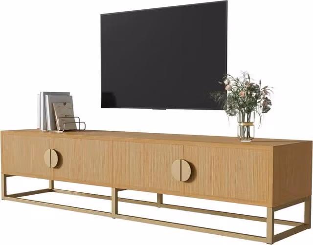 Mobile TV 180x40x40 cm Effetto Legno con 4 Ante Soft-Close, Maniglie Semicircolari e Dettagli Oro