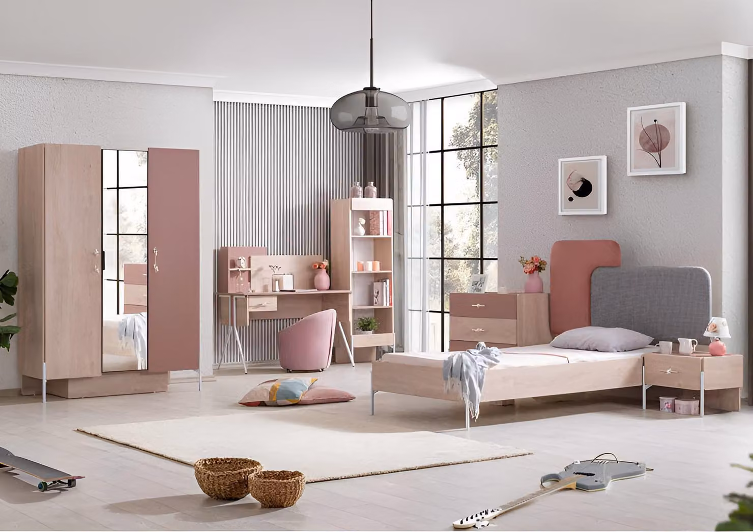 Set per camera da letto completo di letto, comò, comodini e scrivania