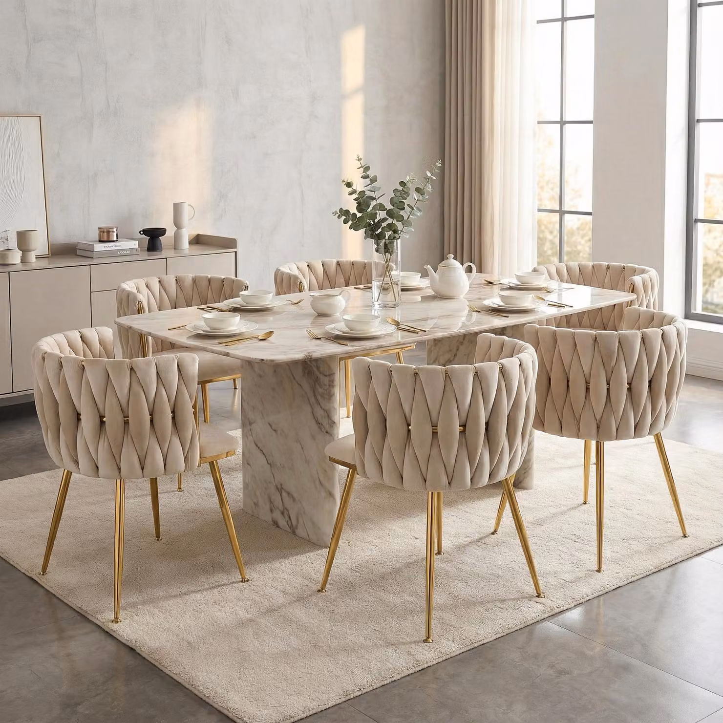 LVHOM Sedie da pranzo Imbottitura in velluto Sedia da soggiorno Set di 6 Sedia imbottita Stile intrecciato, Sedia da sala da pranzo, Struttura in metallo dorato, Avorio