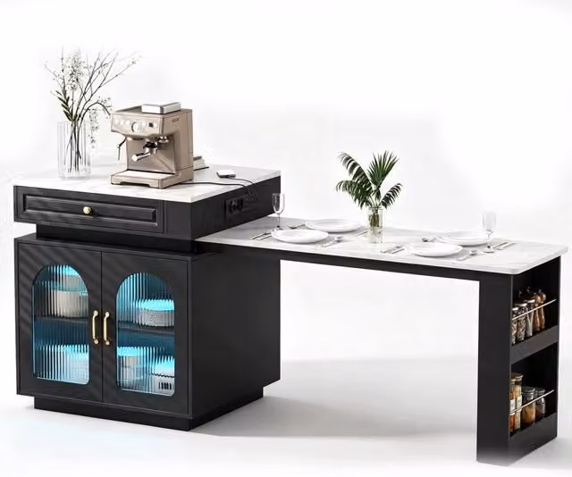 Isola Cucina Mobile con Ruote 128-200x71x92 cm; Tavolo Estensibile con LED; Prese Elettriche; Vetrine e Cassetto; Nero