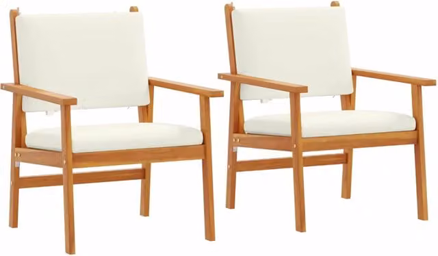 Set di 2 sedie da giardino vidaXL in legno di acacia con cuscini bianchi e beige con braccioli