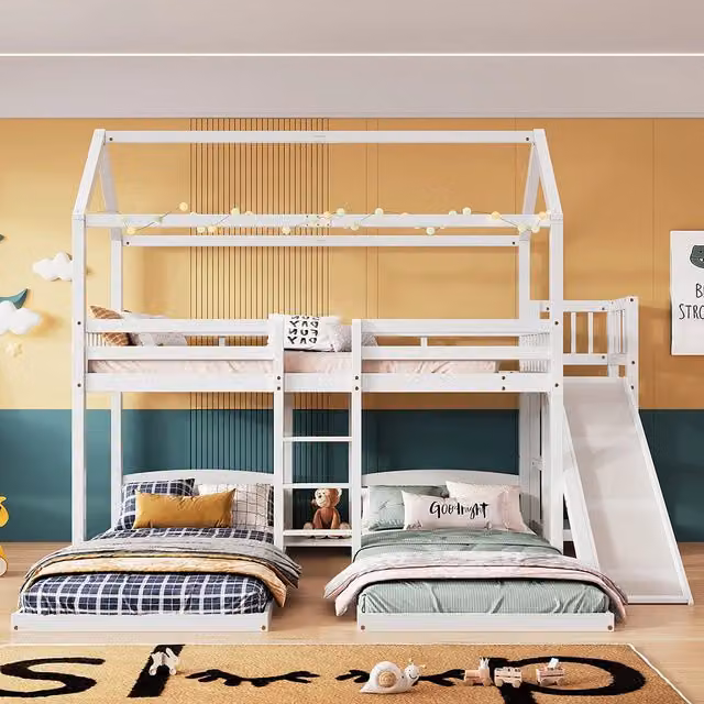 Letto a castello per bambini con scivolo - Xylo - 90x200 cm - Bianco - Scaffale aperto scala tre livelli