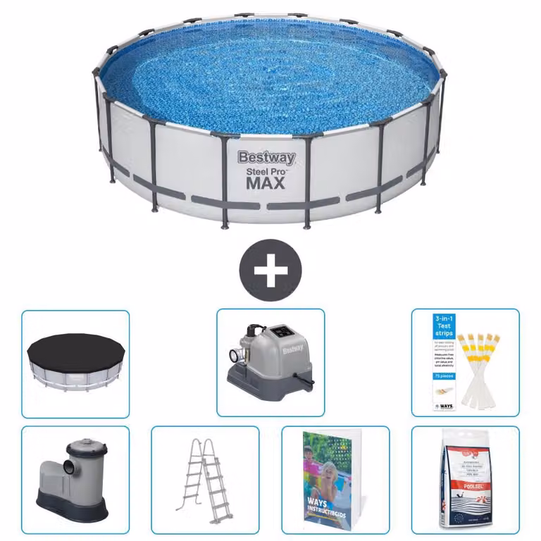 Bestway Steel Pro MAX, piscina in acciaio, forma rotonda, dimensioni 488x122 cm, composta da 6 parti, modello S649