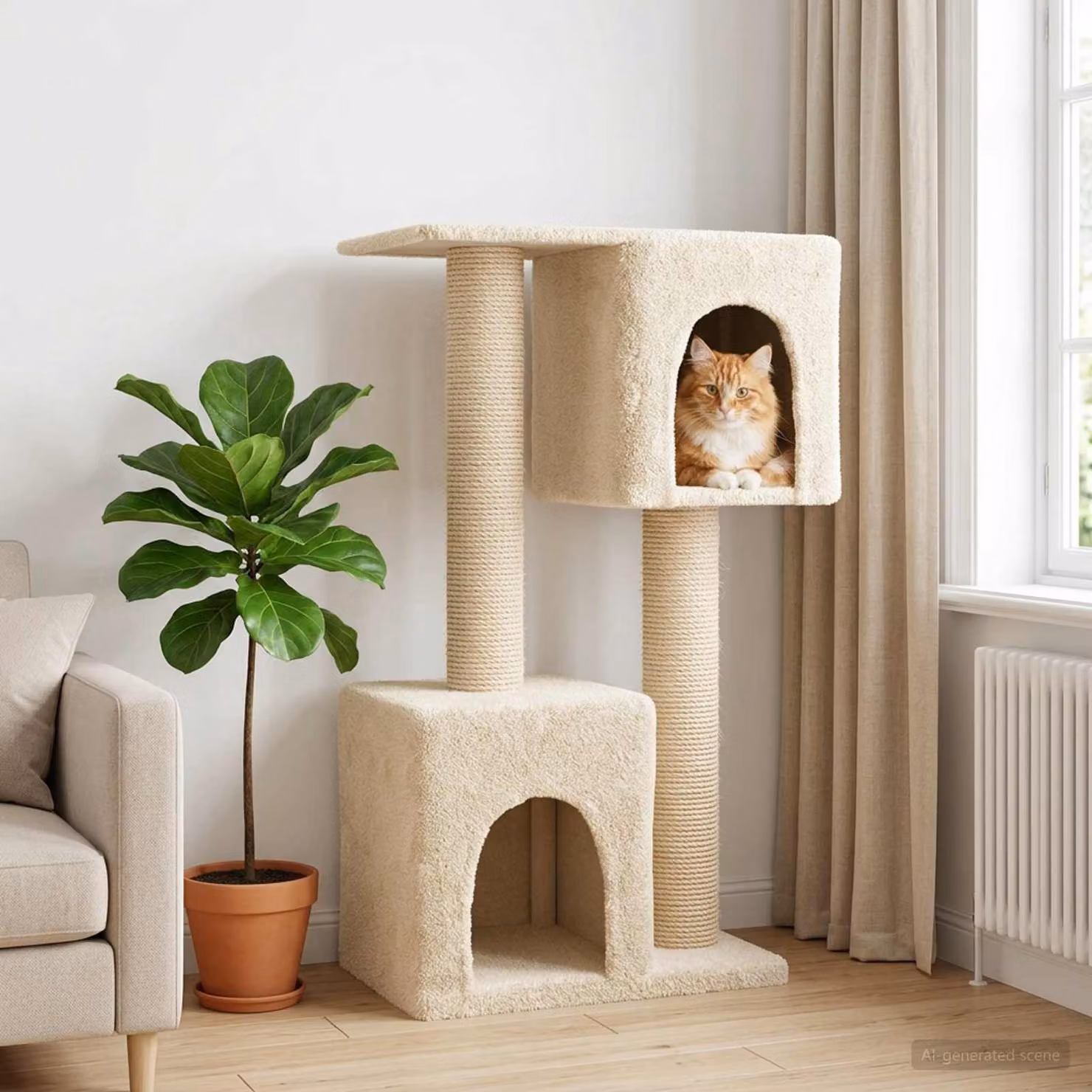 Albero per gatti vidaXL con pali in sisal e struttura in legno, colore beige, Altezza: 114 cm