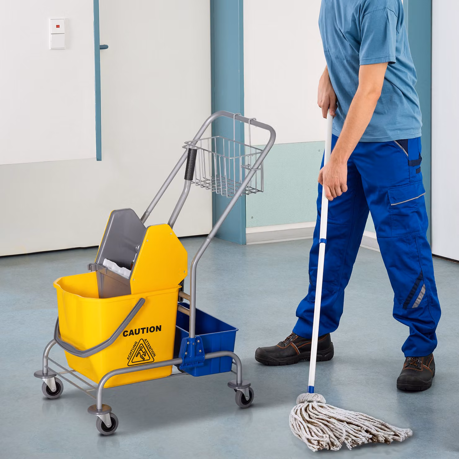 Carrello per pulizie HOMCOM con secchio da 25L, strizzatore e mop, in plastica e metallo, Blu e Giallo, L/P/H: 49.5 x 72 x 95 cm – 2