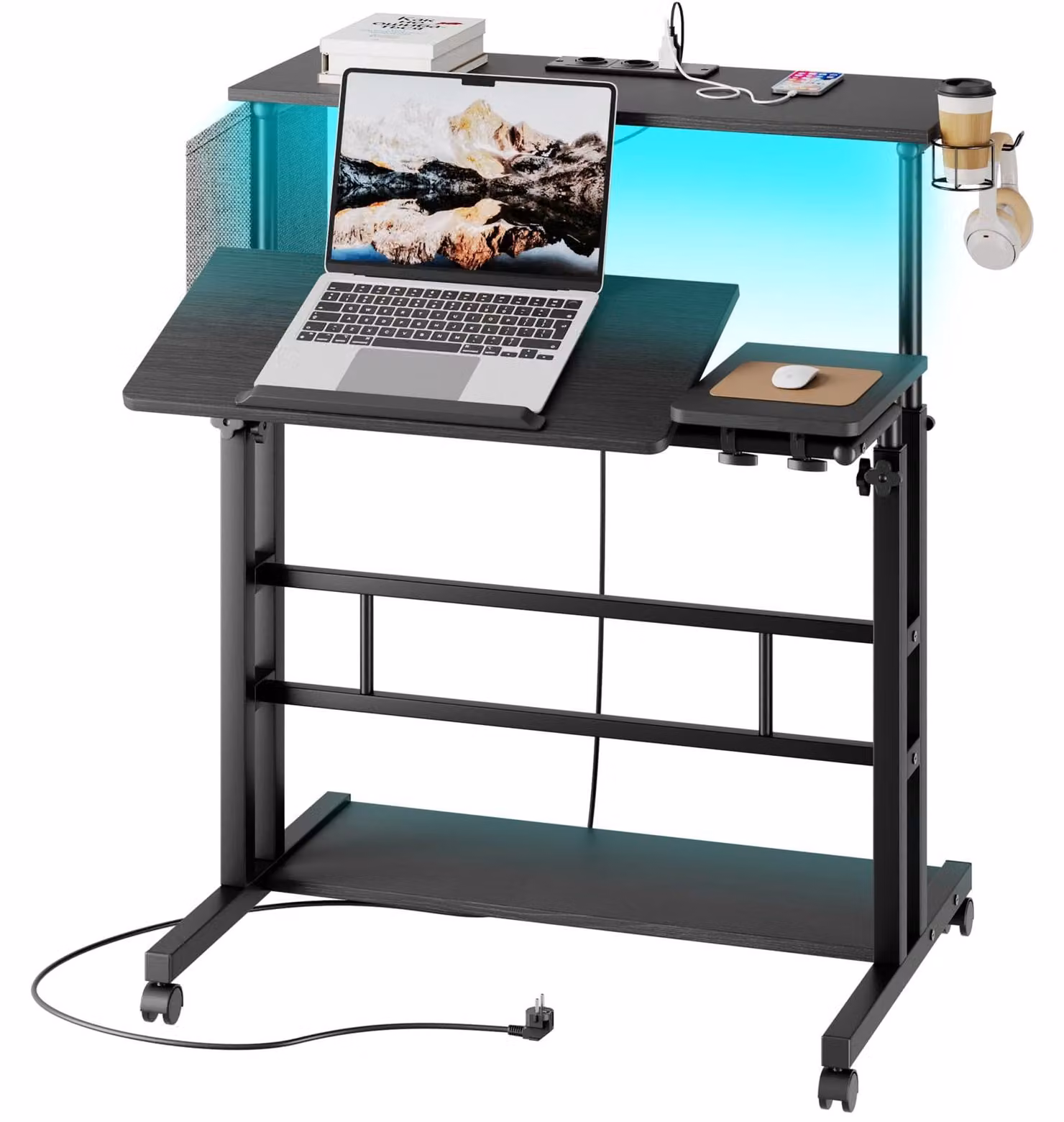 Scrivania regolabile in altezza - 80x60 cm, con prese di corrente - nera
