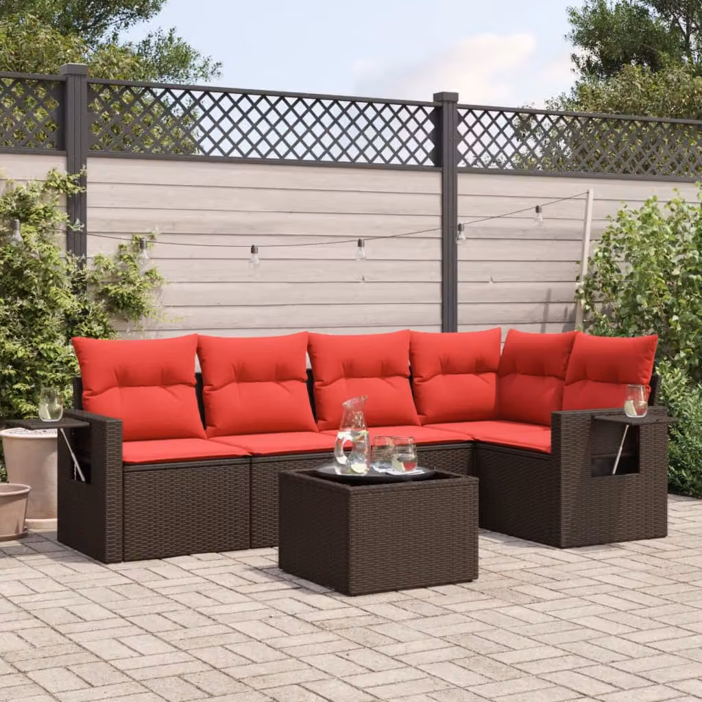 Set da giardino vidaXL in polyrattan marrone con cuscini e tavolino da esterno, composizione a L per 6 persone
