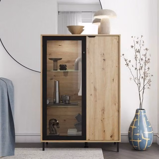 Mobile Espositore Vetrina Elva DMORA con 5 Ripiani e Ante in Vetro, Marrone Rovere Nodi, L: 93 cm, P: 40 cm, H: 137.5 cm