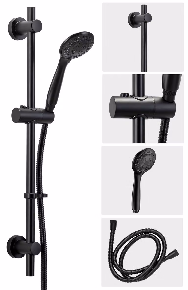 Set doccia a 3 funzioni, colore nero opaco, completo di tubo flessibile, asta e soffione
