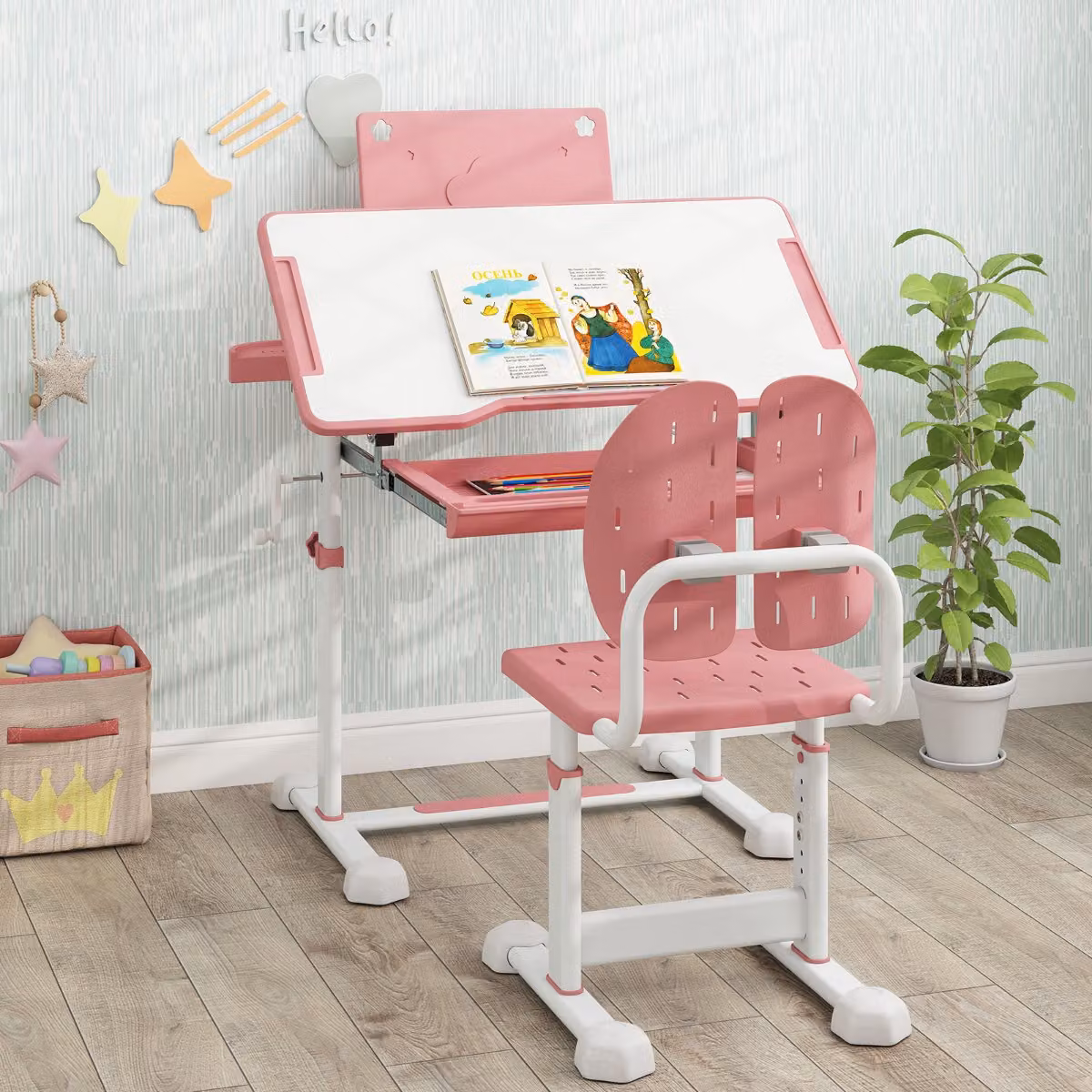 Set di scrivania e sedia regolabile in altezza per bambini Costway con piano inclinabile, colore rosa