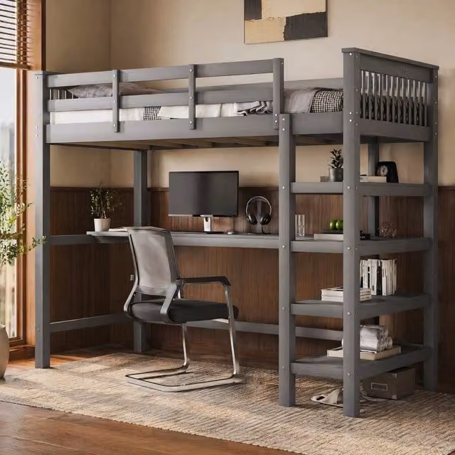 Letto a soppalco per bambini 90x200 cm con scrivania e ripiani, grigio, senza materasso