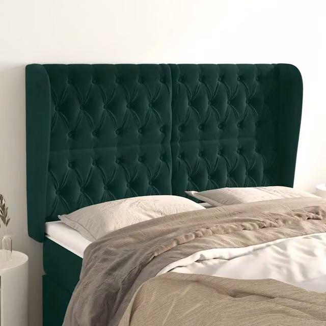 Testiera ad orecchio vidaXL in velluto verde con struttura in legno e MDF, L: 147 cm, P: 23 cm, H: 118-128 cm – 1