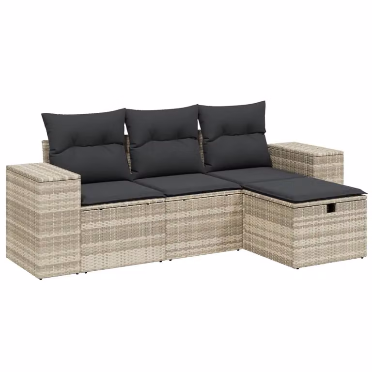 Set Divano da Giardino 4pz con Cuscini Grigio Chiaro Polyrattan
