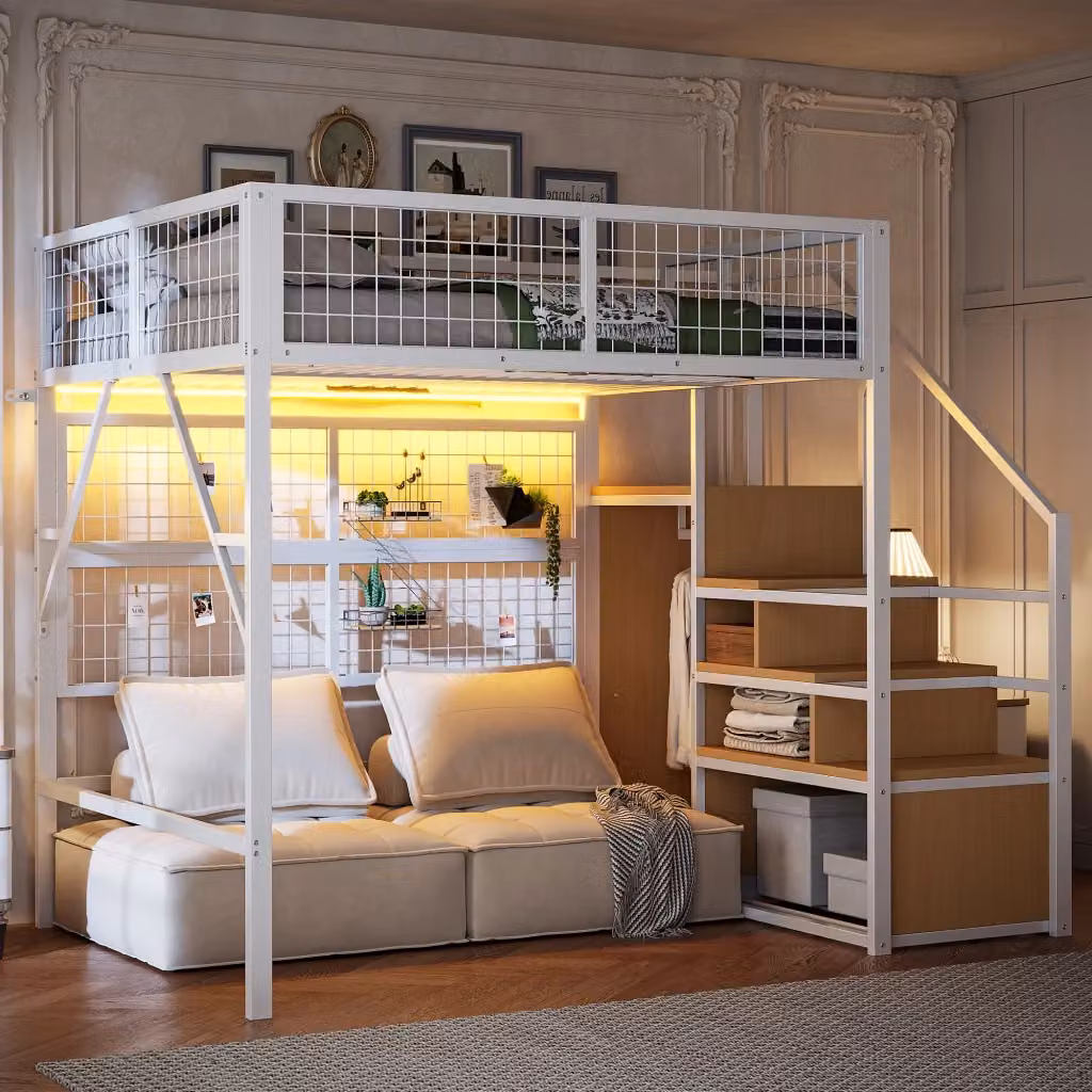 Letto a soppalco matrimoniale Chicfurn in metallo e MDF bianco con scala, ripiani, illuminazione LED e armadio aperto, L/P: 140 x 200 cm – 2