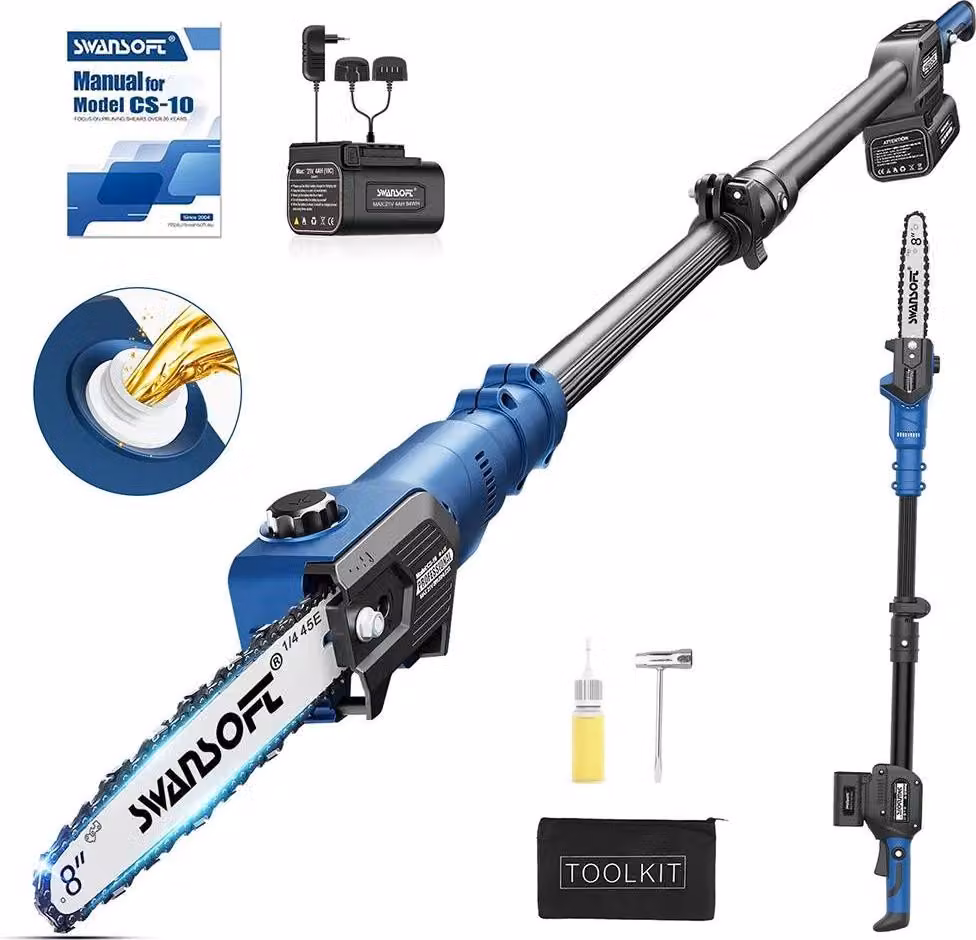 Motosega a palo, a batteria, impugnatura regolabile, blu, due batterie, Motoseghe a palo
