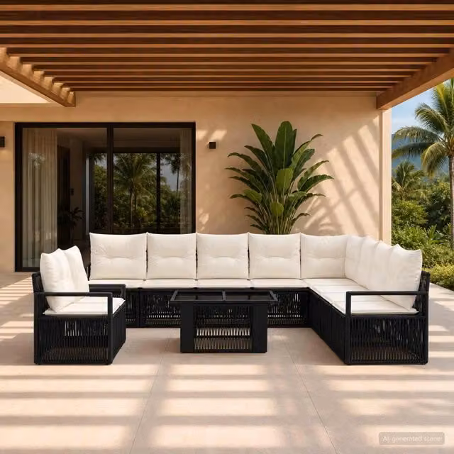 Set Divano da Giardino Moderno vidaXL in Polyrattan Nero e Bianco Crema con 11 Pezzi e Tavolino da Esterno