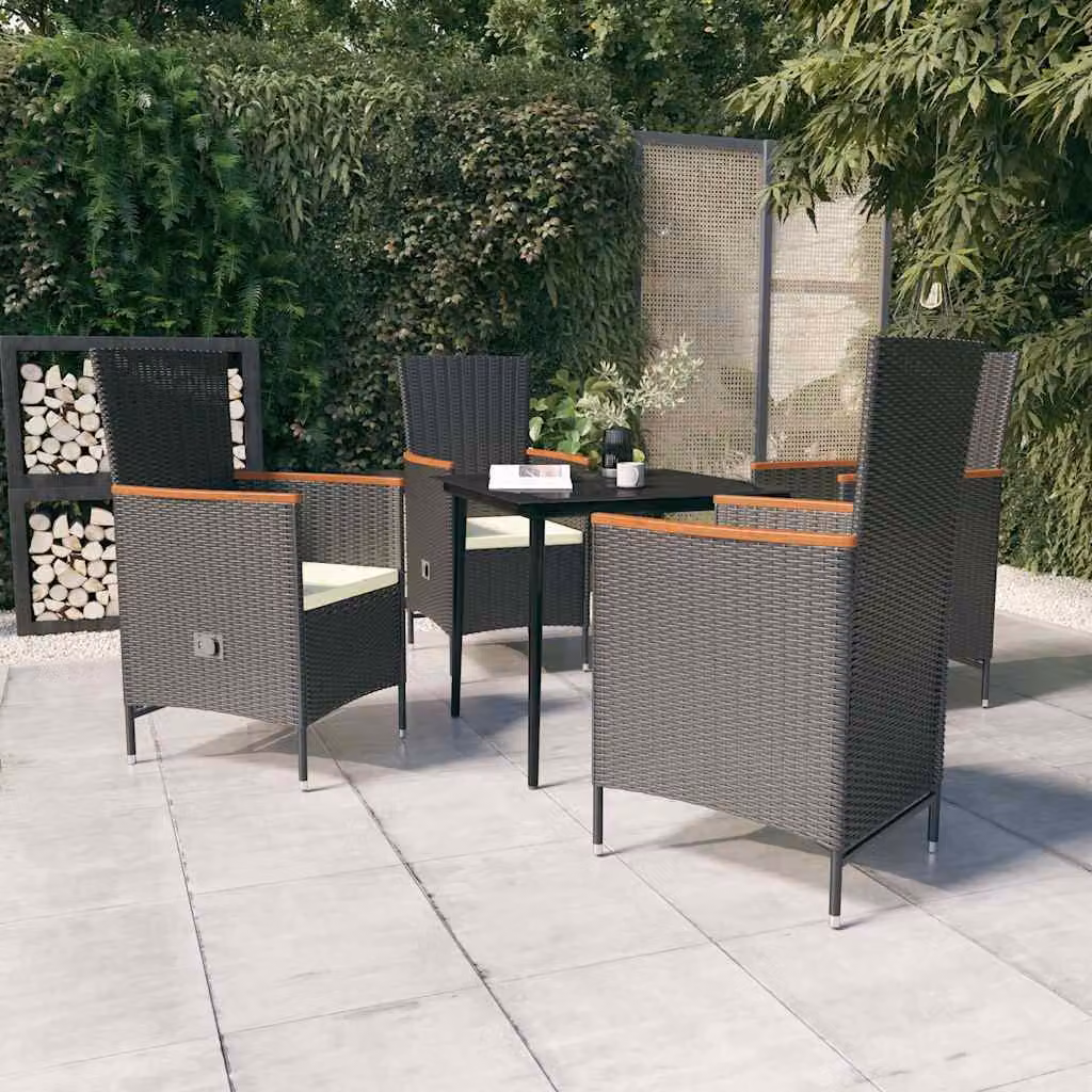 Set da pranzo da giardino vidaXL in polyrattan con tavolo in vetro e 5 sedie con cuscini nero