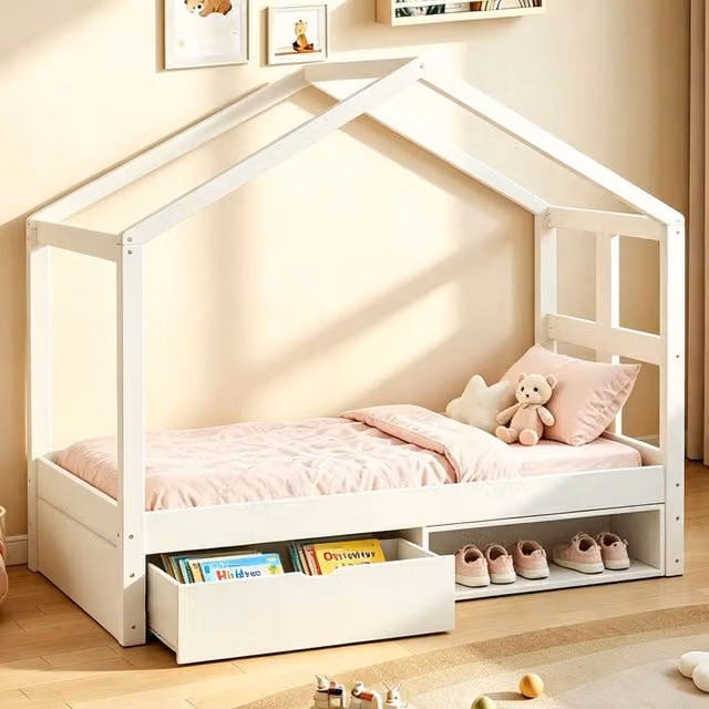 Letto casetta singolo 90 × 190 cm con cassetto, mobiletto portascarpe e illuminazione a LED, senza materasso, bianco