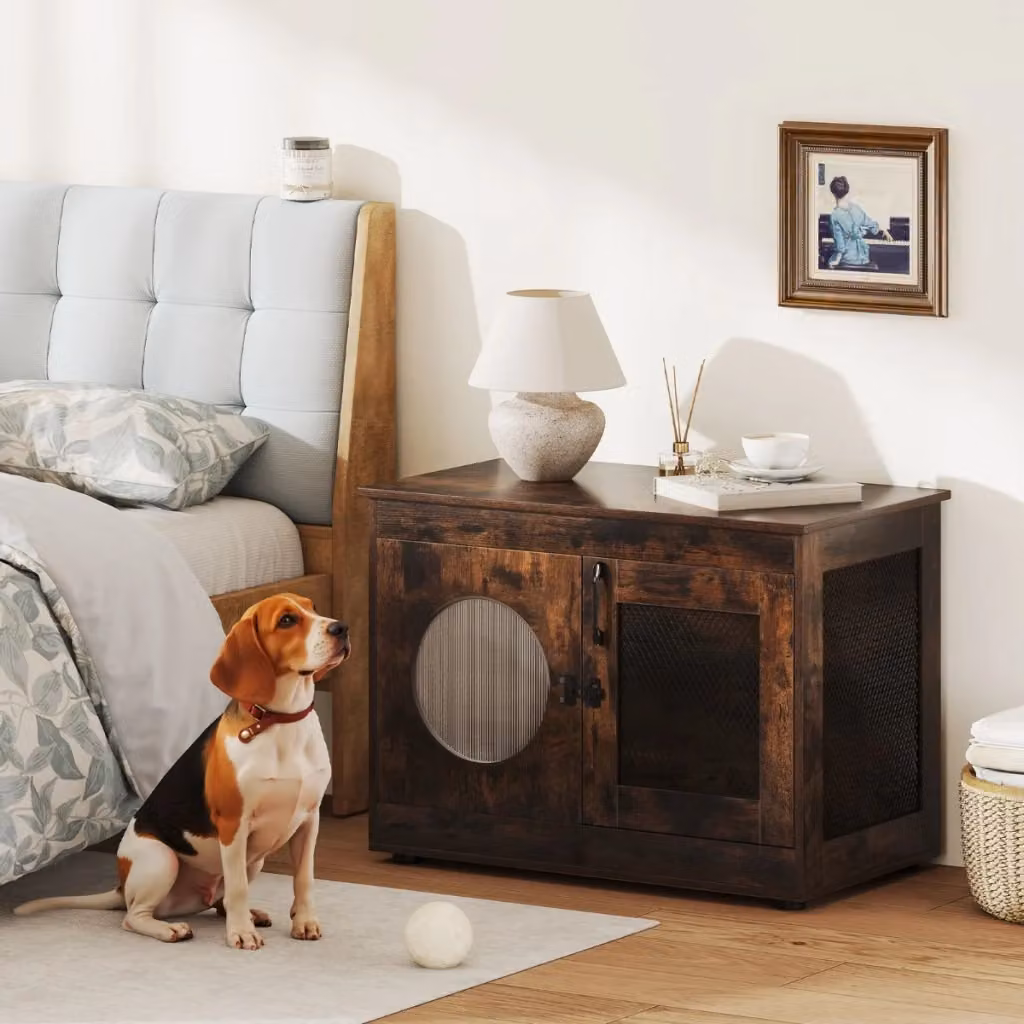 Mobile per cani in legno e metallo marrone con design industriale e base antiscivolo – 2