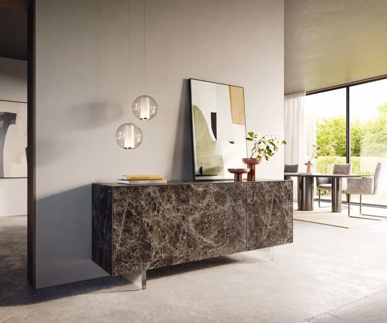 Credenza DELIFE Cuor 180 cm in Vetroceramica Emperador extra lucidata, marrone scuro, 2 ante, 3 cassetti, piedini con effetto sospeso in vetro acrilico