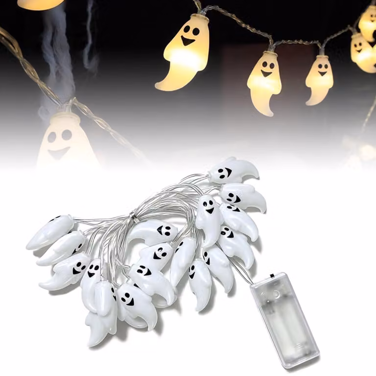 Catena luminosa a tema Halloween, lunghezza 3 metri, 20 LED, luce bianco caldo, con decorazioni a forma di fantasmi