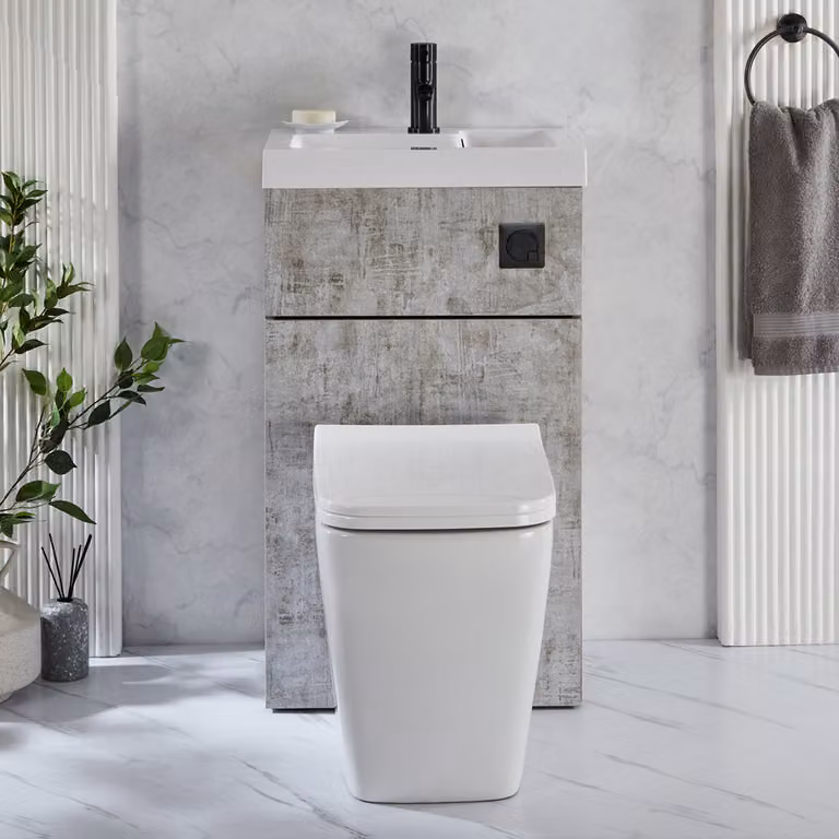 Set Sanitario Sanford Moderno con Lavabo Integrato - Grigio Cemento - 500mm x 890mm - Pulsante di Scarico Nero