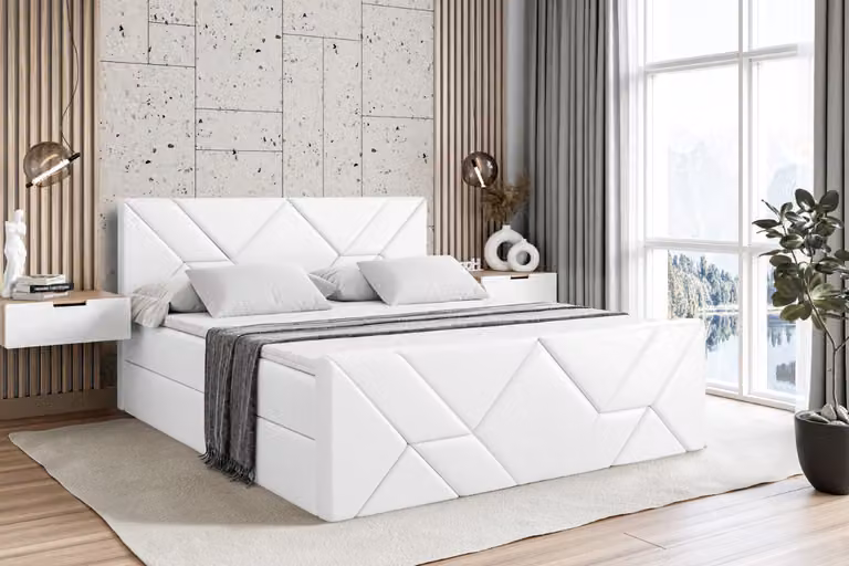 Letto boxspring ALTDECOR con pediera, materasso H3 e topper - 160x200 cm - BARWA-Z - Pelle finta bianca - Letto imbottito con contenitore e rete a doghe, letto con spazio contenitivo