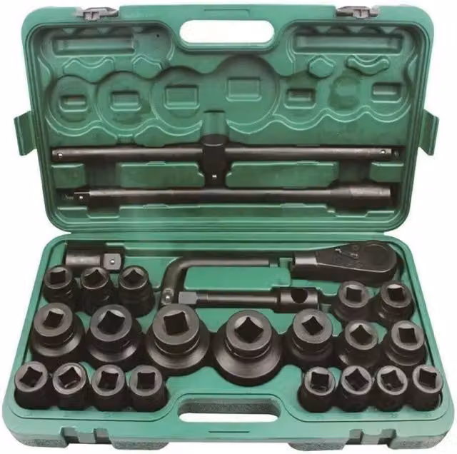 Set di chiavi a bussola esagonali Trade Shop da 26 pezzi per camion e trattori con cricchetto in acciaio al cromo vanadio, misure 3/4" e 1" color nero