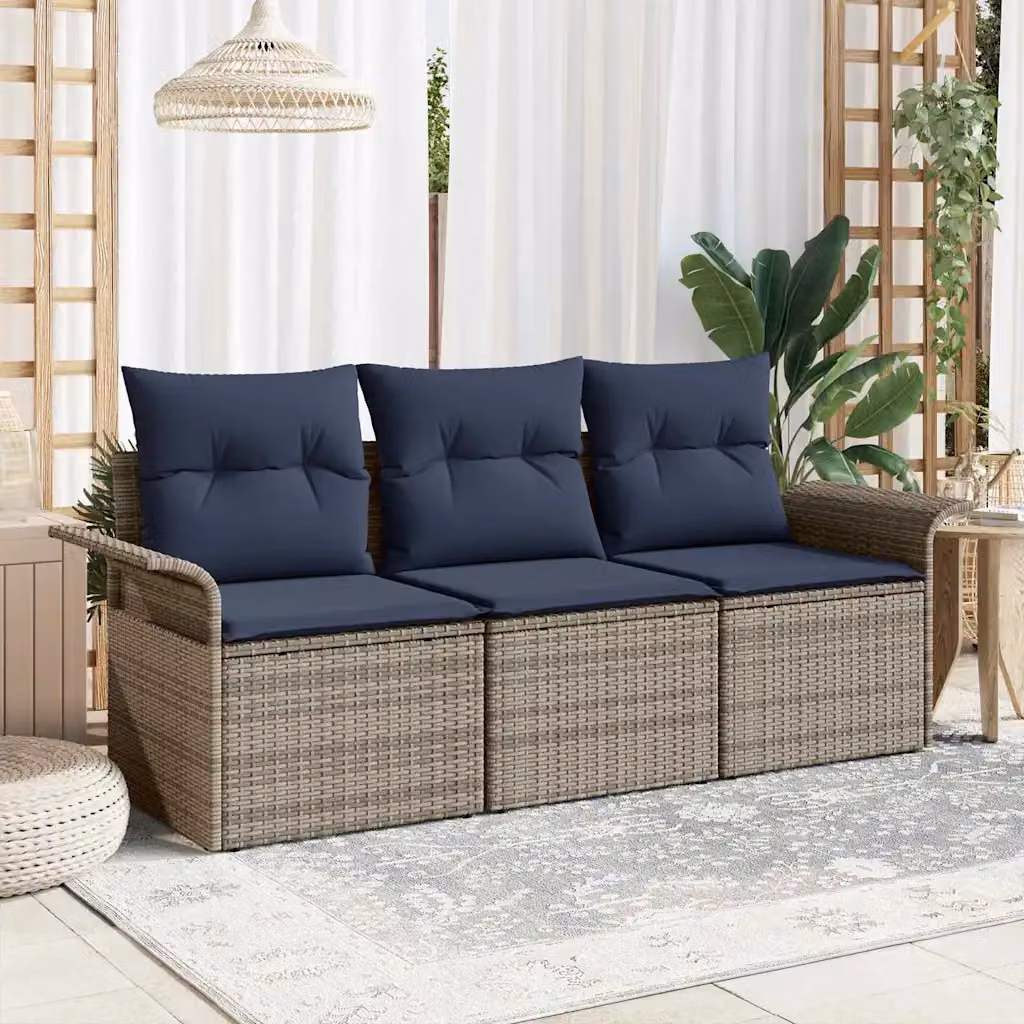 Set Divano da Giardino 3 pz vidaXL in Rattan con Cuscini Blu e Grigio e Struttura in Metallo