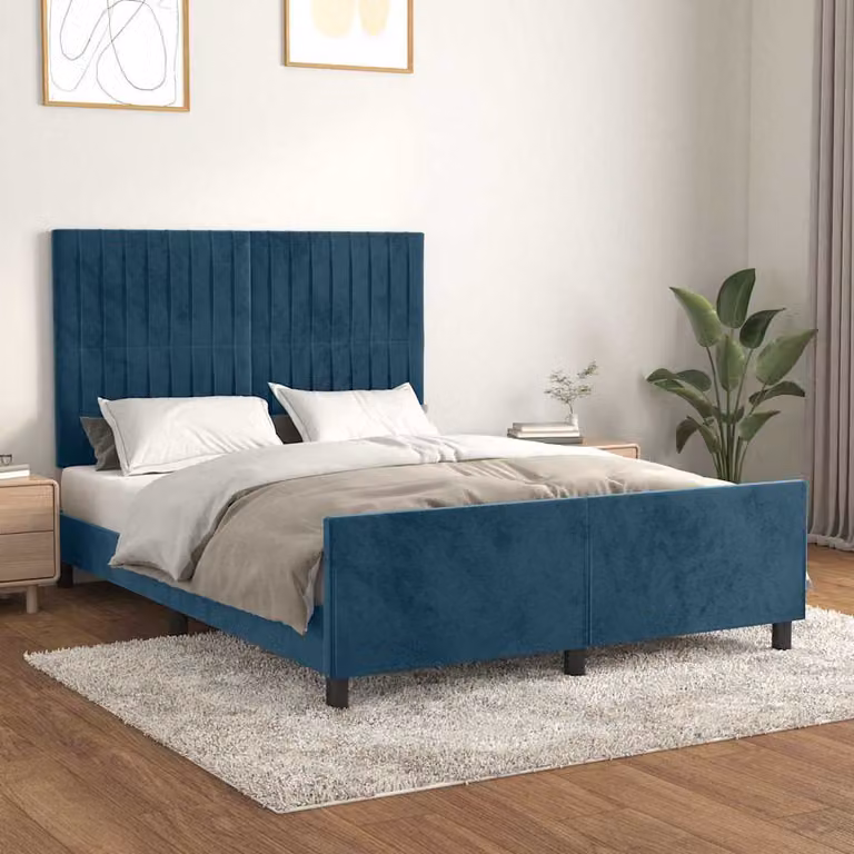 Giroletto senza materasso vidaXL in velluto blu con struttura in legno di larice L: 140 cm, P: 200 cm, H: 128 cm