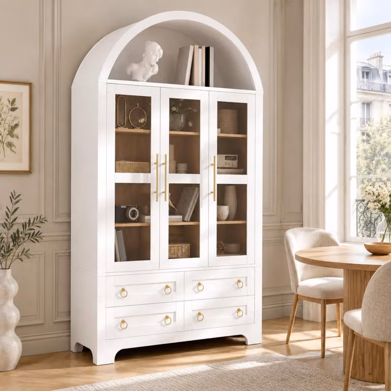 okwish: Mobile contenitore moderno con 4 cassetti, vano aperto ad arco, mobiletto per soggiorno con 3 ante in vetro, maniglie in alluminio, colore bianco