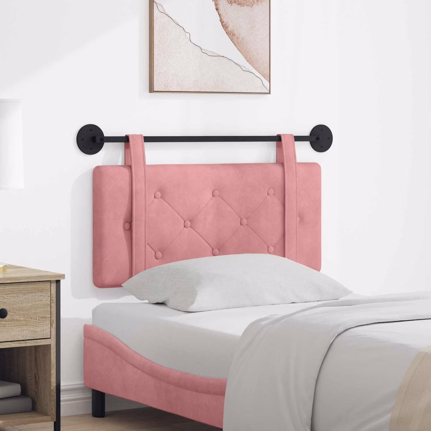 Testiera da letto sospesa vidaXL in velluto rosa con pannello imbottito e struttura in legno e metallo L: 90 cm, P: 55 cm, H: 5 cm
