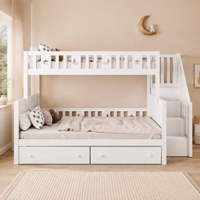 Letto a castello in legno massello 90x200/140x200 cm con scala contenitore e 2 cassetti; bianco
