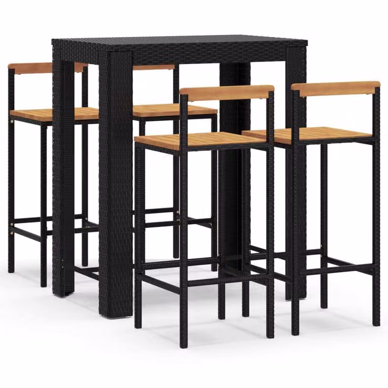 Set Bar Giardino 5 pz Nero Polyrattan e Legno Massello Acacia
