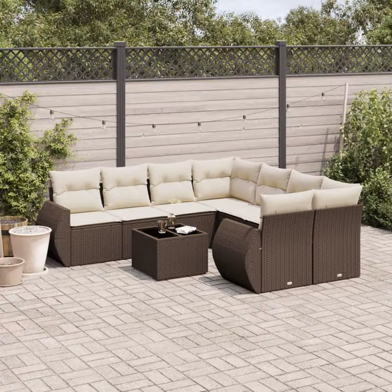 vidaXL Set Divani da Giardino 9 Pezzi con Cuscini e Tavolino, Polyrattan Marrone e Bianco con Struttura in Acciaio Verniciato a Polvere