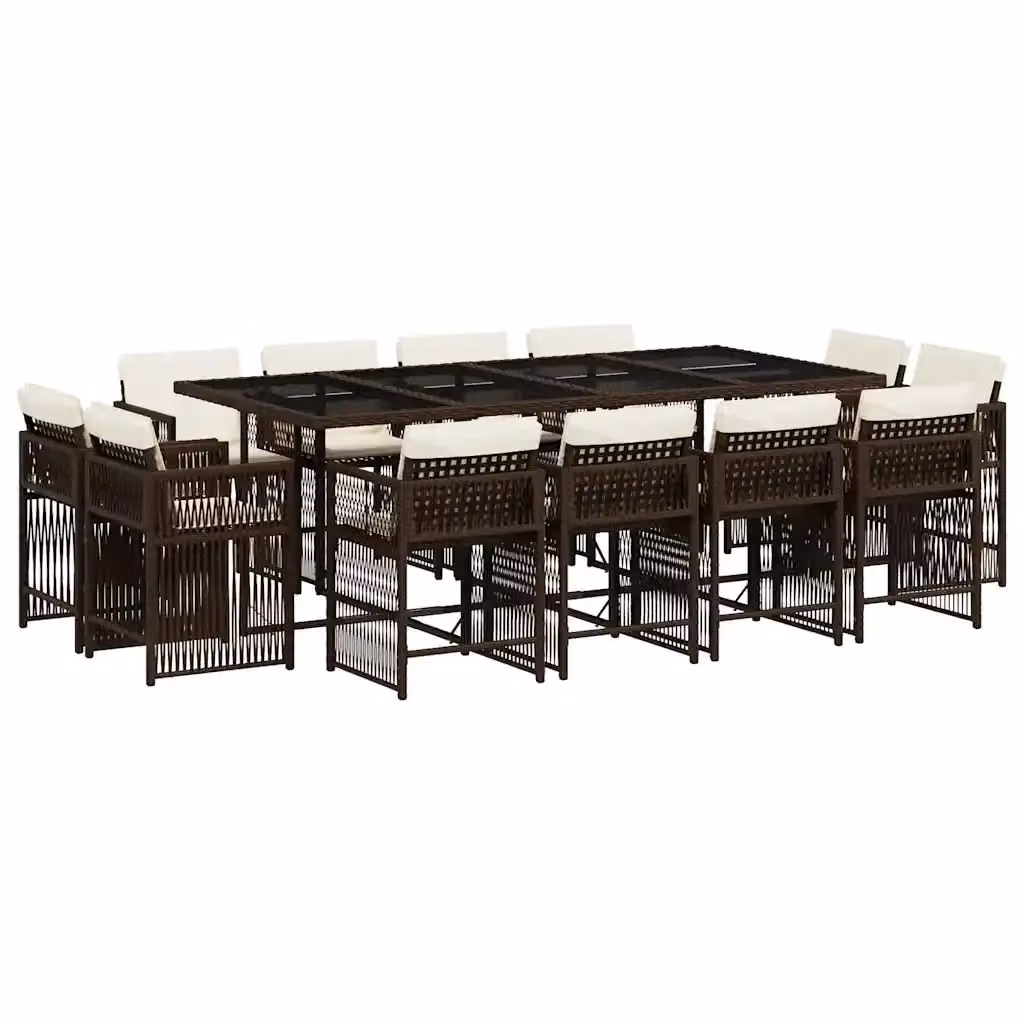 Set da Pranzo da Giardino vidaXL 13pz in Polyrattan Marrone con Cuscini Bianchi e Tavolo in Vetro – 2