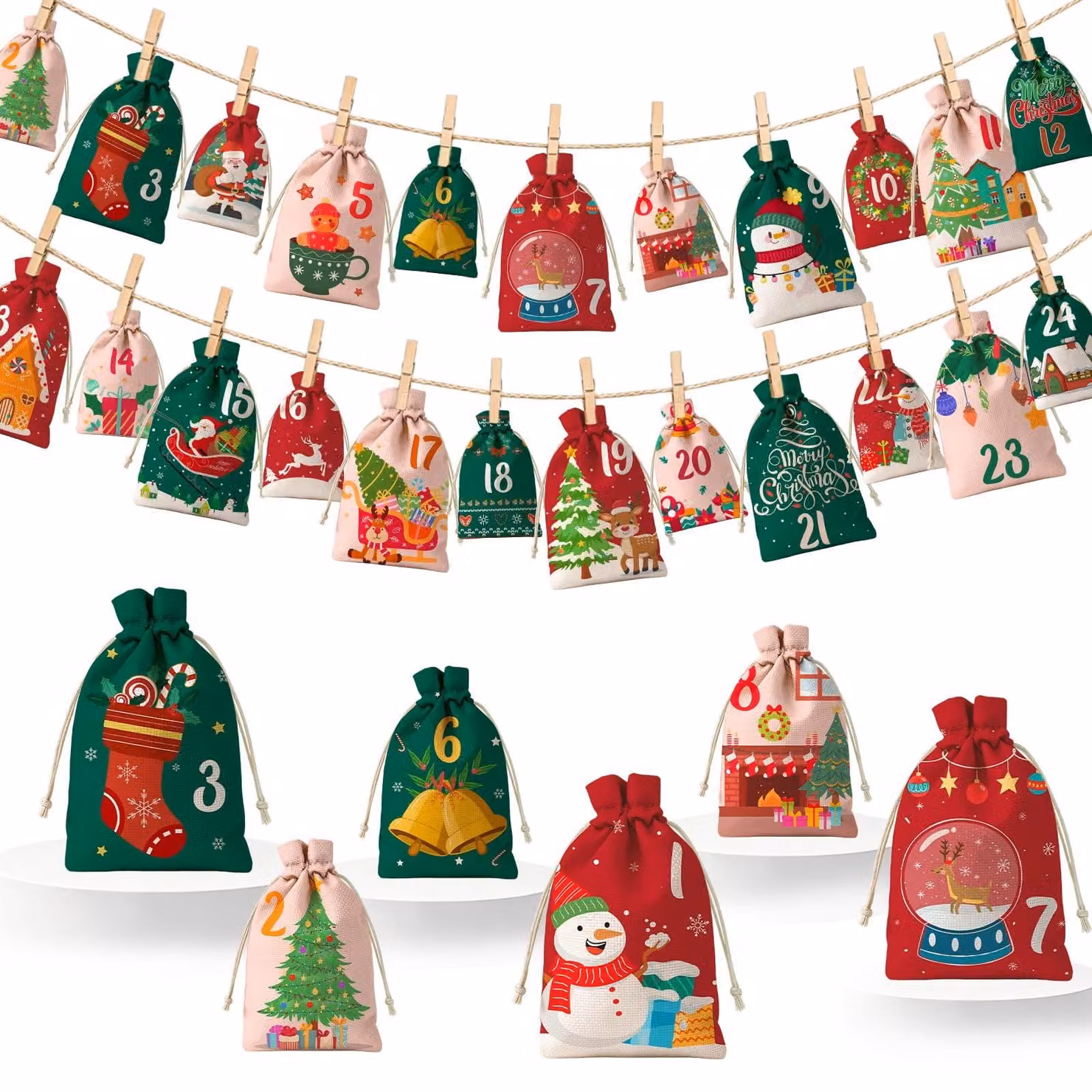 Calendario dell'Avvento da riempire, confezione da 24 pezzi, kit fai-da-te con clip in legno