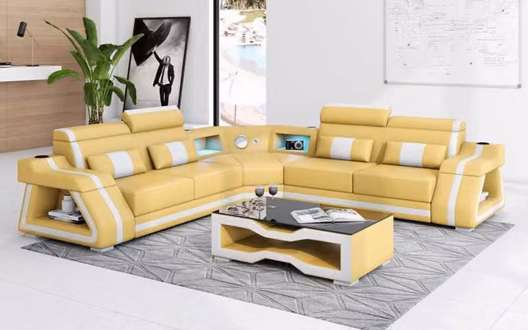Ledersofa Eckgarnitur Ecksofa L-Form Sofa Couch Beige Luxus Design