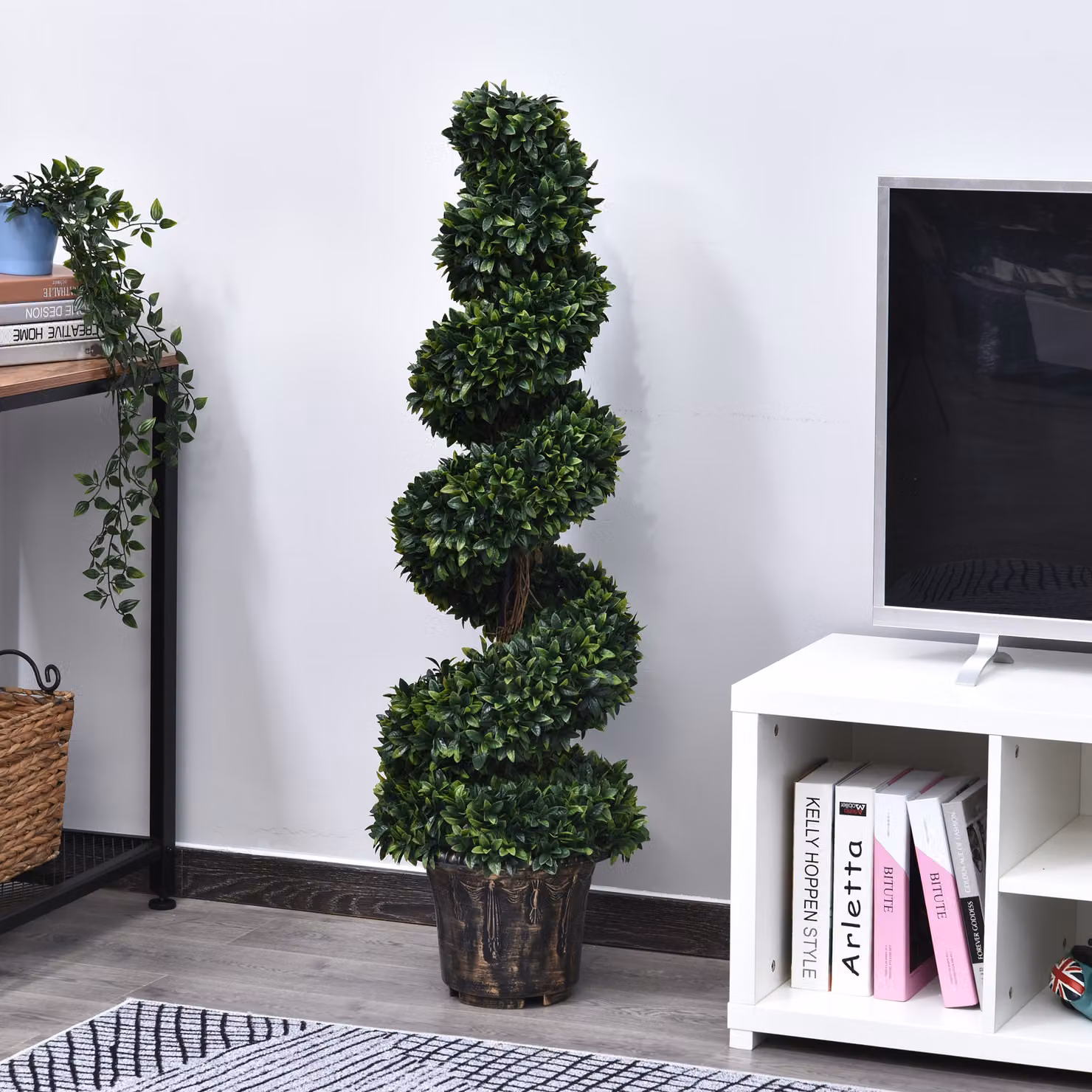 Pianta artificiale a spirale di bosso Outsunny verde con vaso incluso per interni ed esterni, H 120 cm x Ø 32 cm – 2