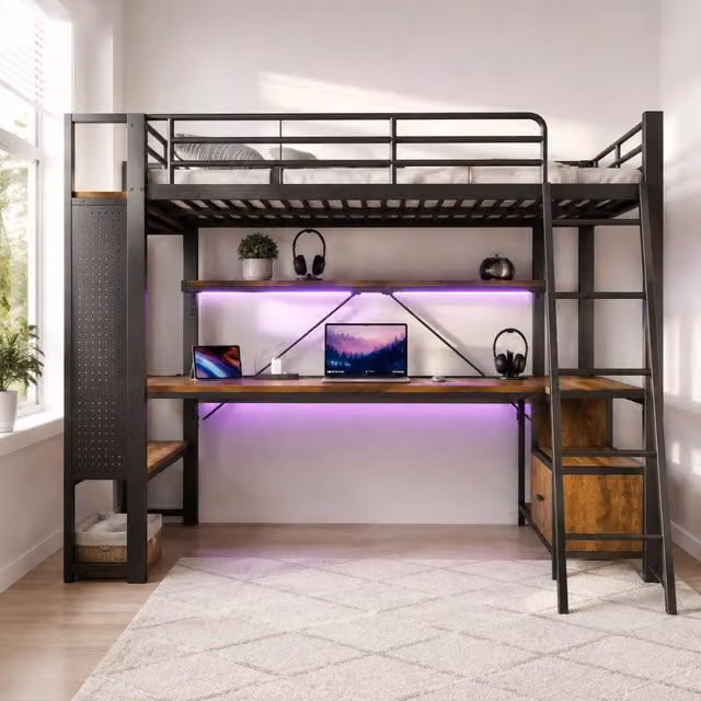Letto a soppalco ULEVR 90x200 cm con scrivania, LED regolabile via app, USB e ripiani, nero