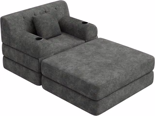 Poltrona letto 1 posto con schienale alto e tasche in velluto a coste; grigio scuro