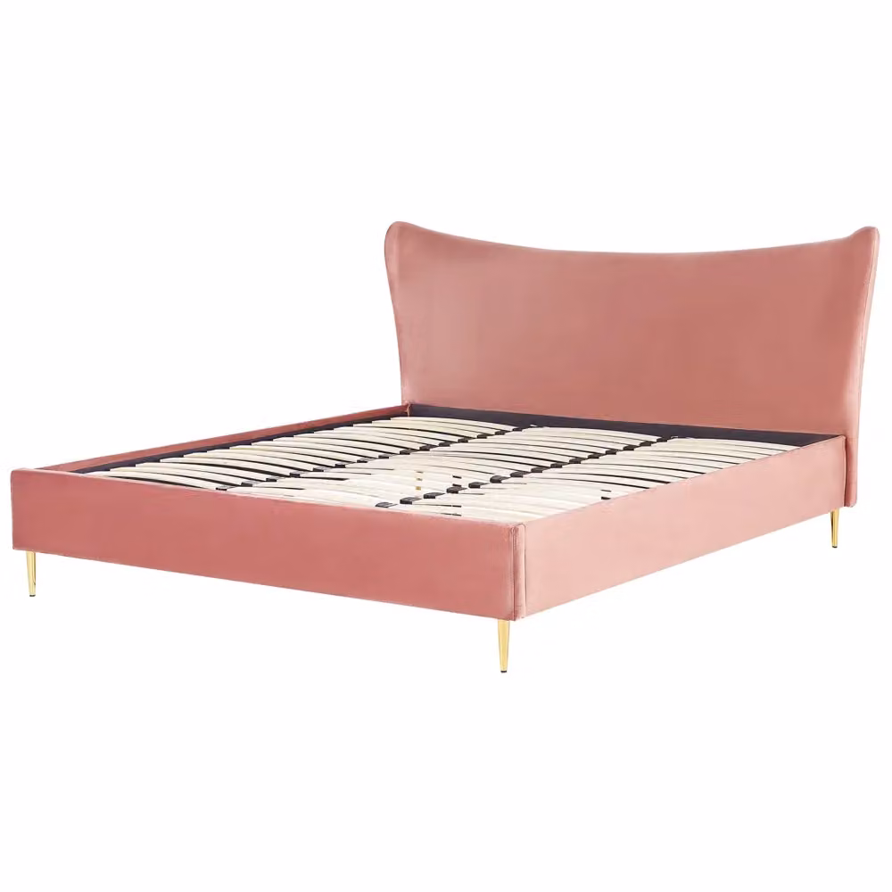 Letto Beliani in velluto rosa con struttura imbottita e gambe in legno, stile glamour moderno, L/P/H: 180 x 200 x 109 cm – 2