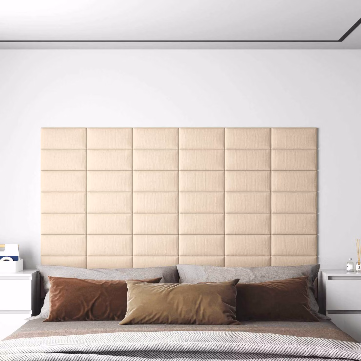 Set di 12 pannelli per testiera da parete vidaXL in tessuto beige, dimensioni per pannello: 30 x 15 cm
