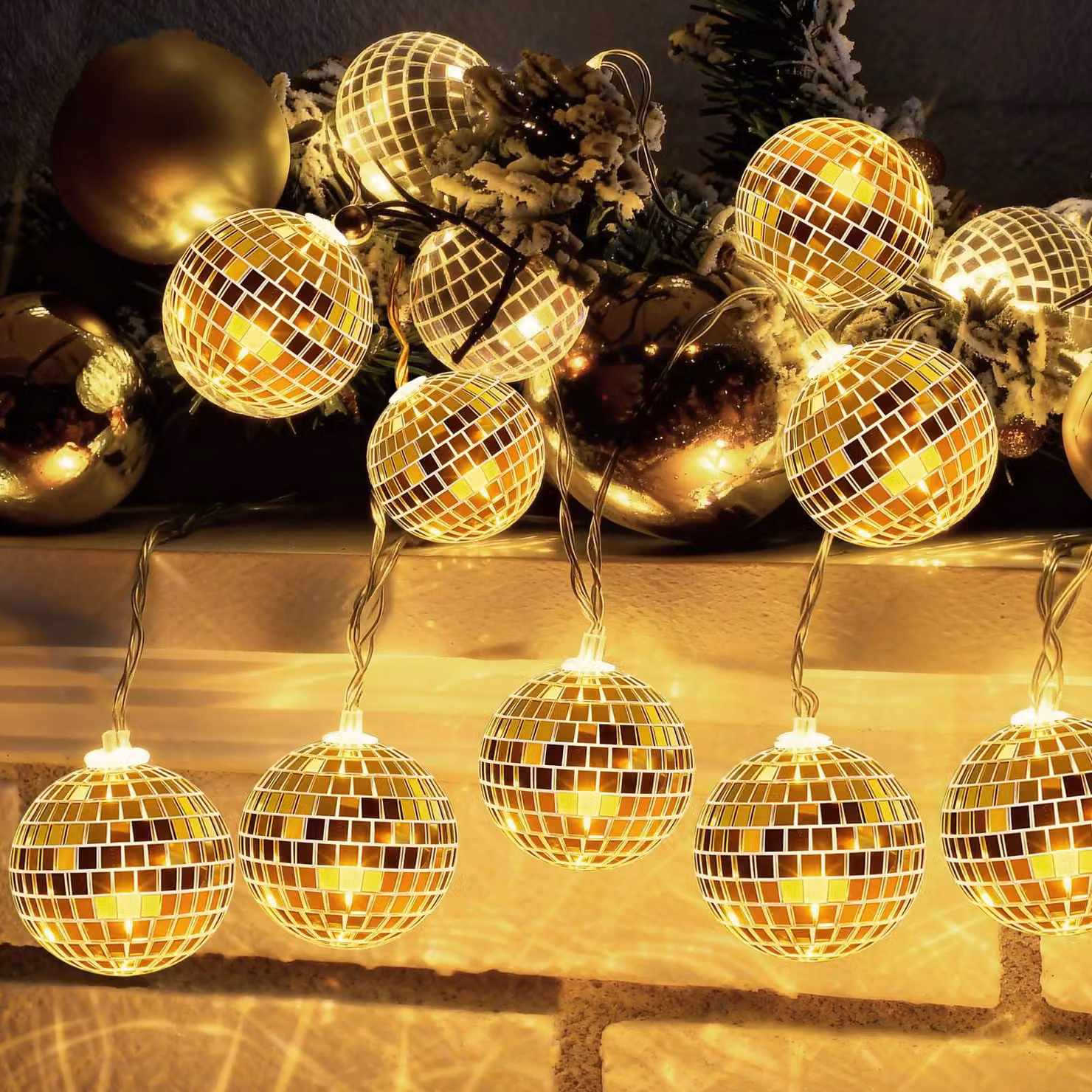 Catena luminosa a LED a forma di sfera da discoteca, lunghezza 1,5 metri, 10 luci, luce bianco caldo, alimentazione a batteria